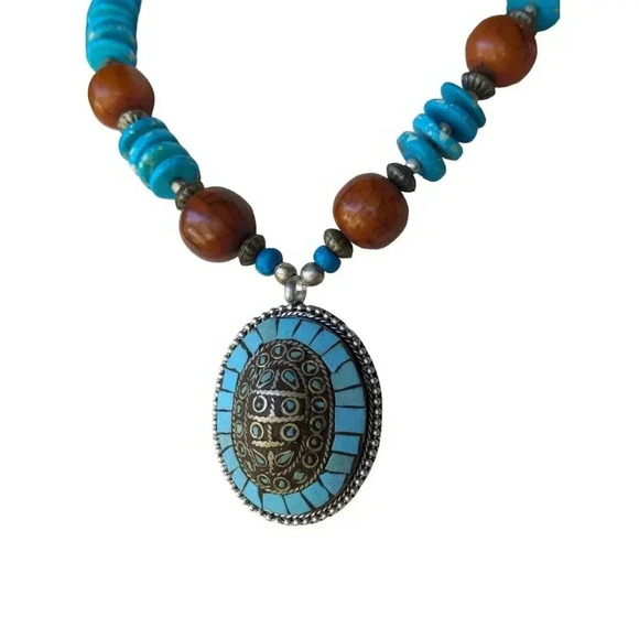 Chunky Wood Metal Bead Tirbal Pendant Necklace Princess Length - Picture 5 of 7